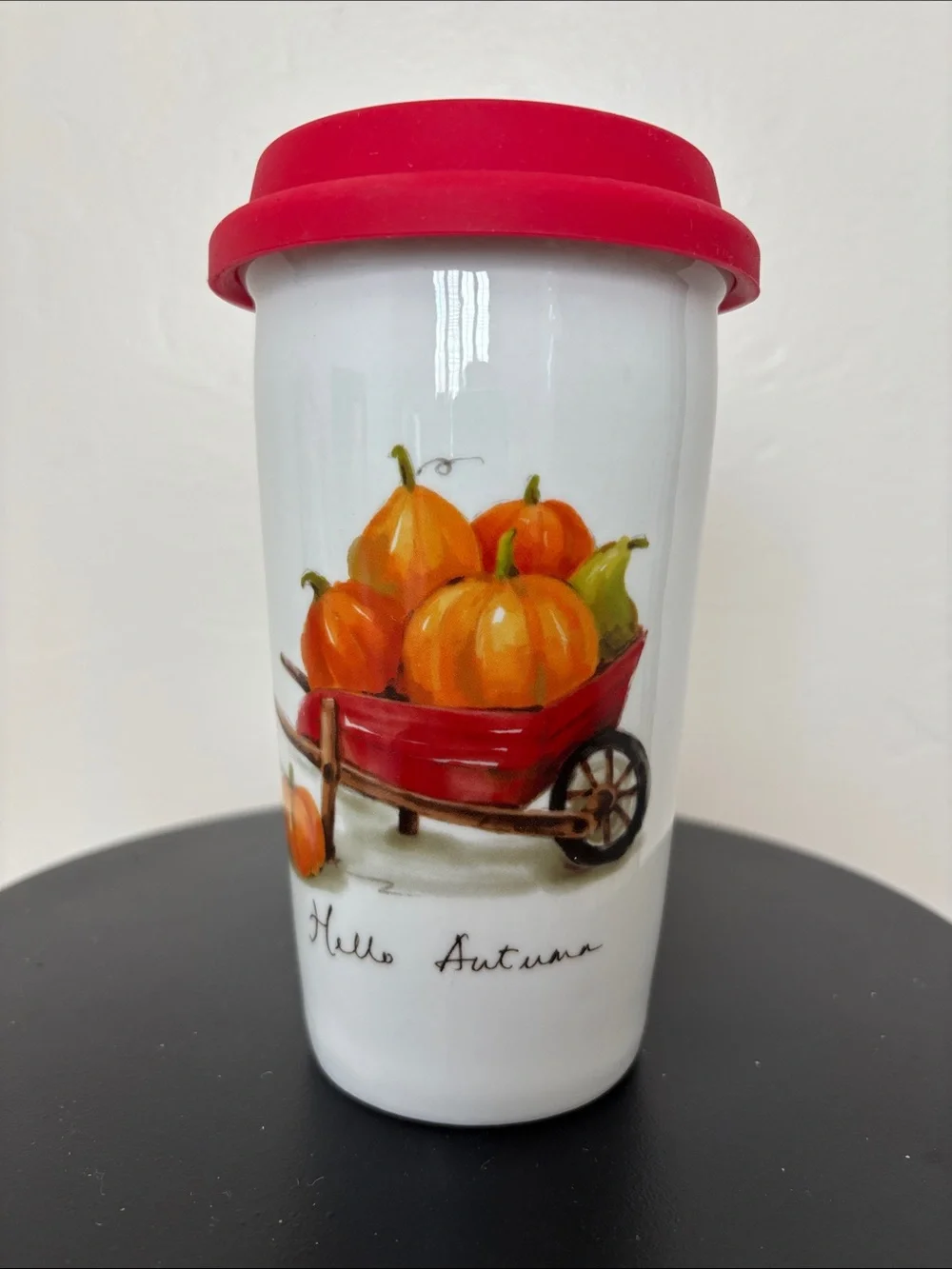 Autumn Pumpkin Travel Mug with Red Silicone Lid